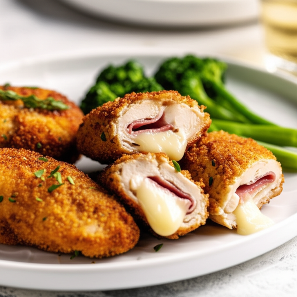 Crispy fried chicken cordon bleu, sliced to show ham and melted cheese filling, served with broccoli.