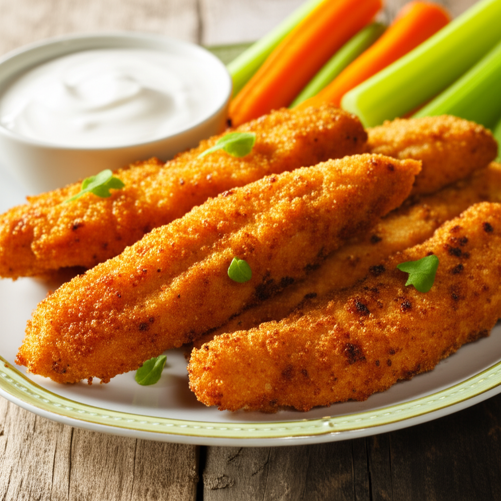 Crispy, golden-brown chicken fingers with white dipping sauce, carrot sticks, and celery on a plate.