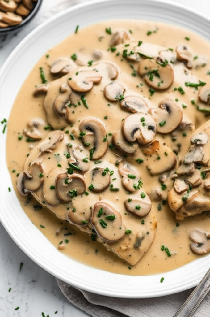 Chicken breasts topped with creamy mushroom sauce and chopped chives on a white plate.