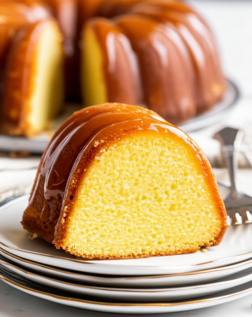 Slice of glazed bundt cake on a white plate, showing moist yellow crumb.