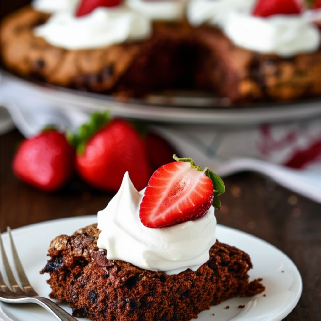 Chocolate scone cake slice topped with whipped cream and strawberry half. Whole cake in background.