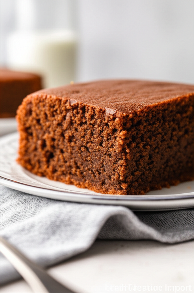 Square slice of moist, dark brown shoo-fly cake on a white plate.