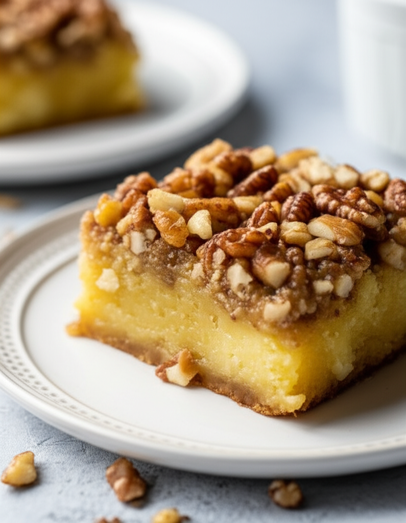 Square slice of Swedish nut cake on a white plate, topped with chopped walnuts.
