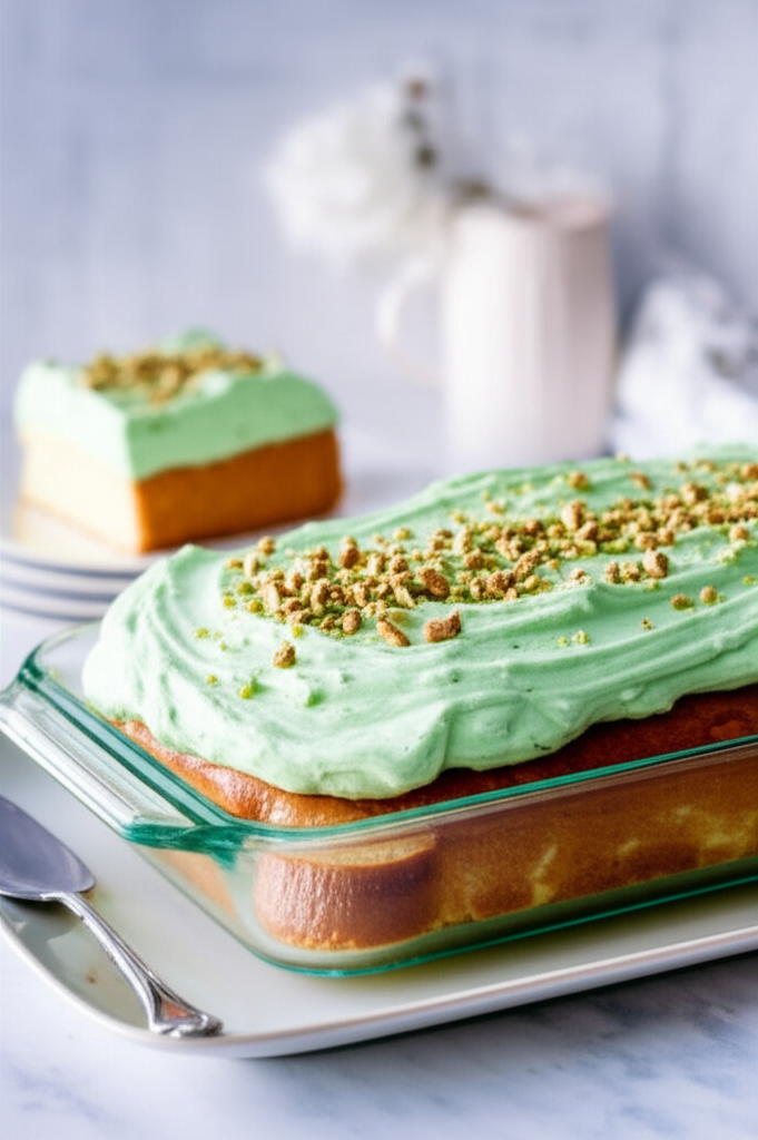 Baked cake in glass pan, topped with light green frosting and chopped pistachios. Slice on plate in background.
