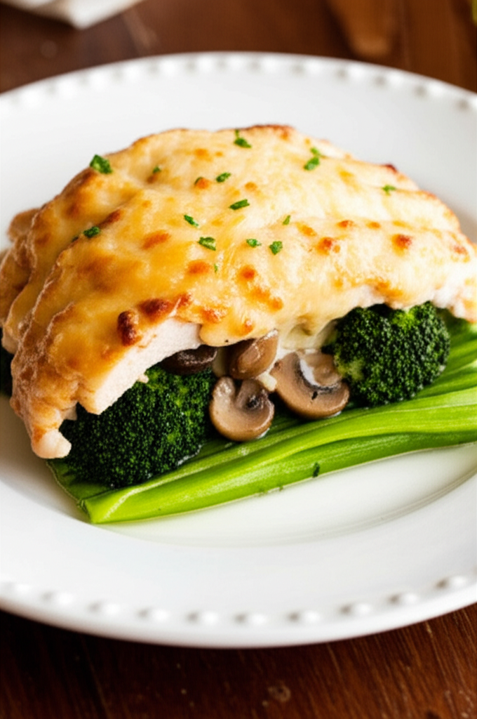 Baked chicken breast topped with melted cheese, served over broccoli, mushrooms, and green onions.
