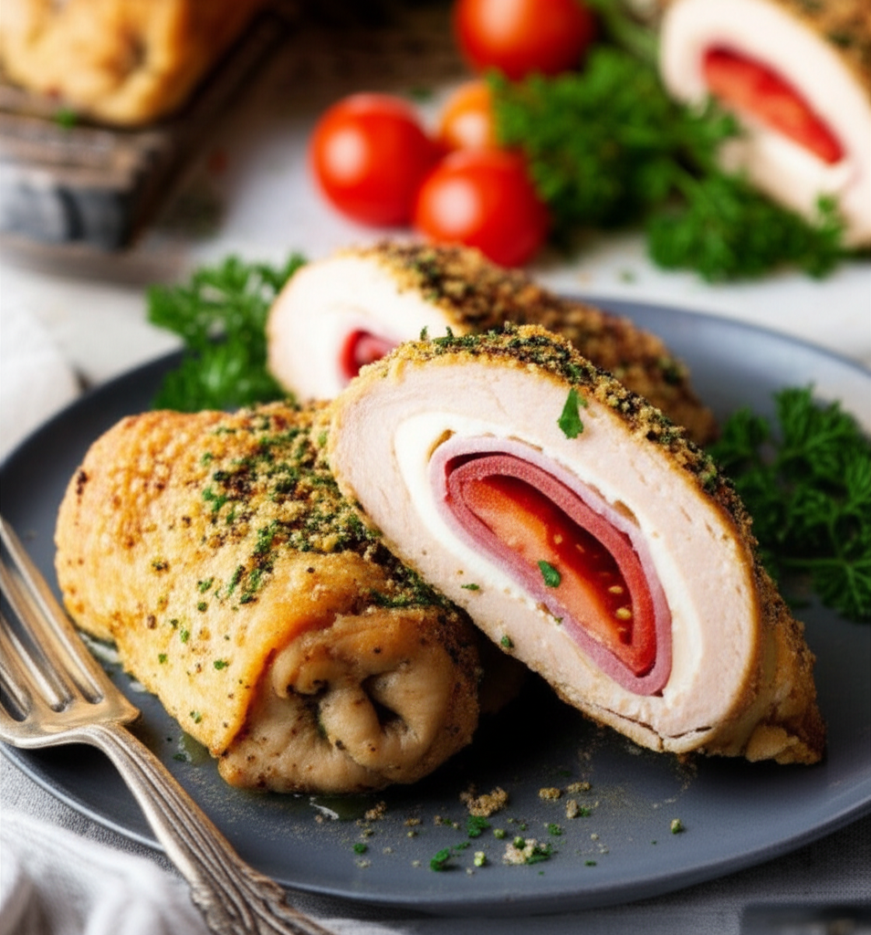 Baked stuffed chicken breast, sliced to show filling of cheese, ham, and tomato. Topped with breadcrumbs.