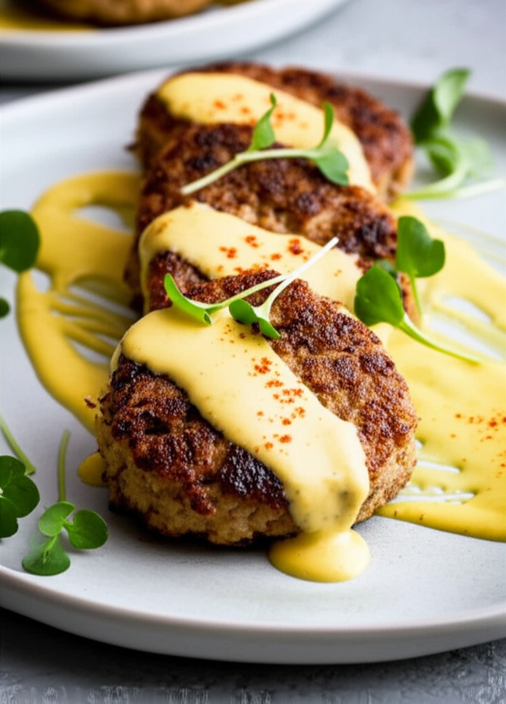 Three golden-brown tuna cakes on a plate, topped with creamy yellow sauce and microgreens.