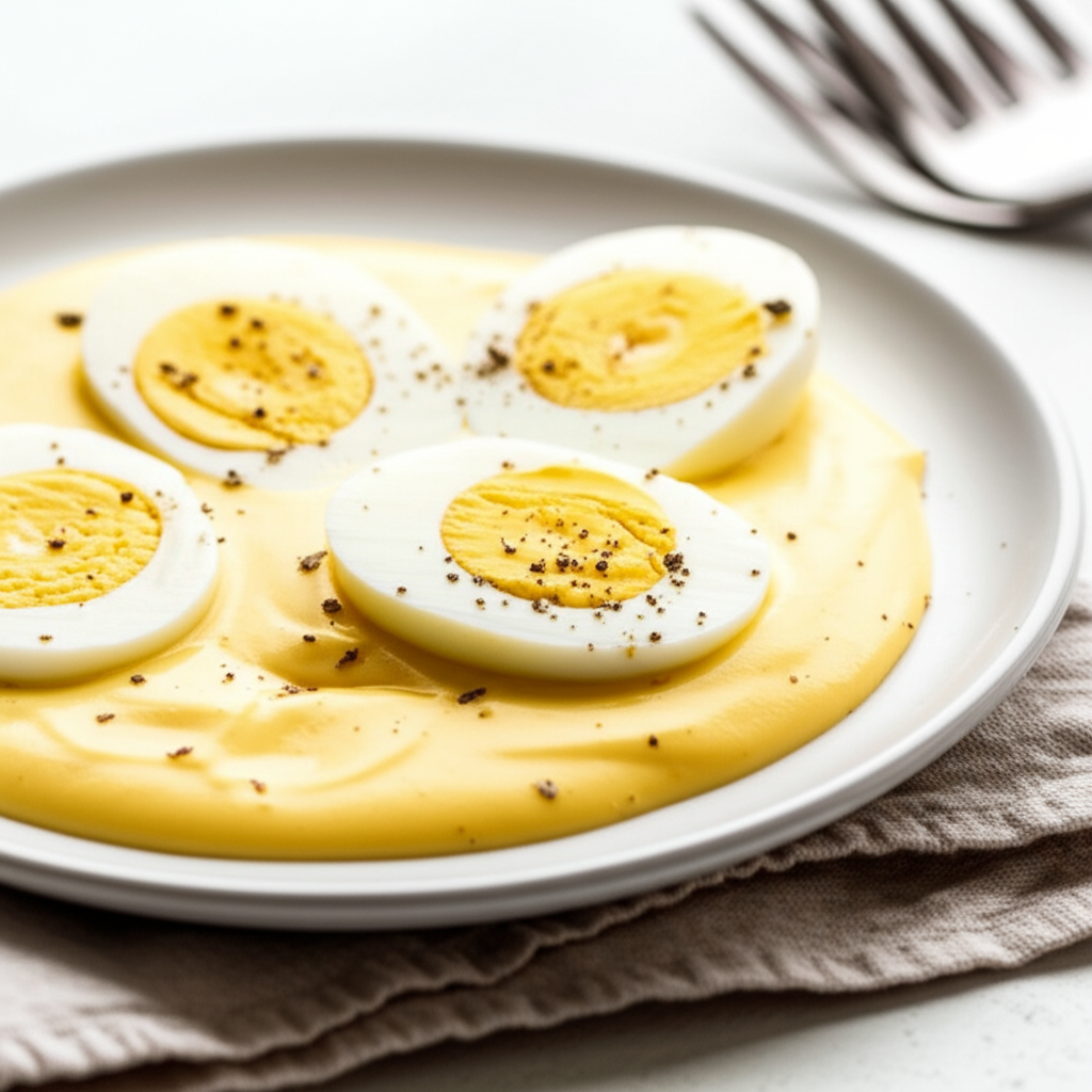 Halved hard-boiled eggs on a plate with creamy yellow sauce, sprinkled with black pepper.