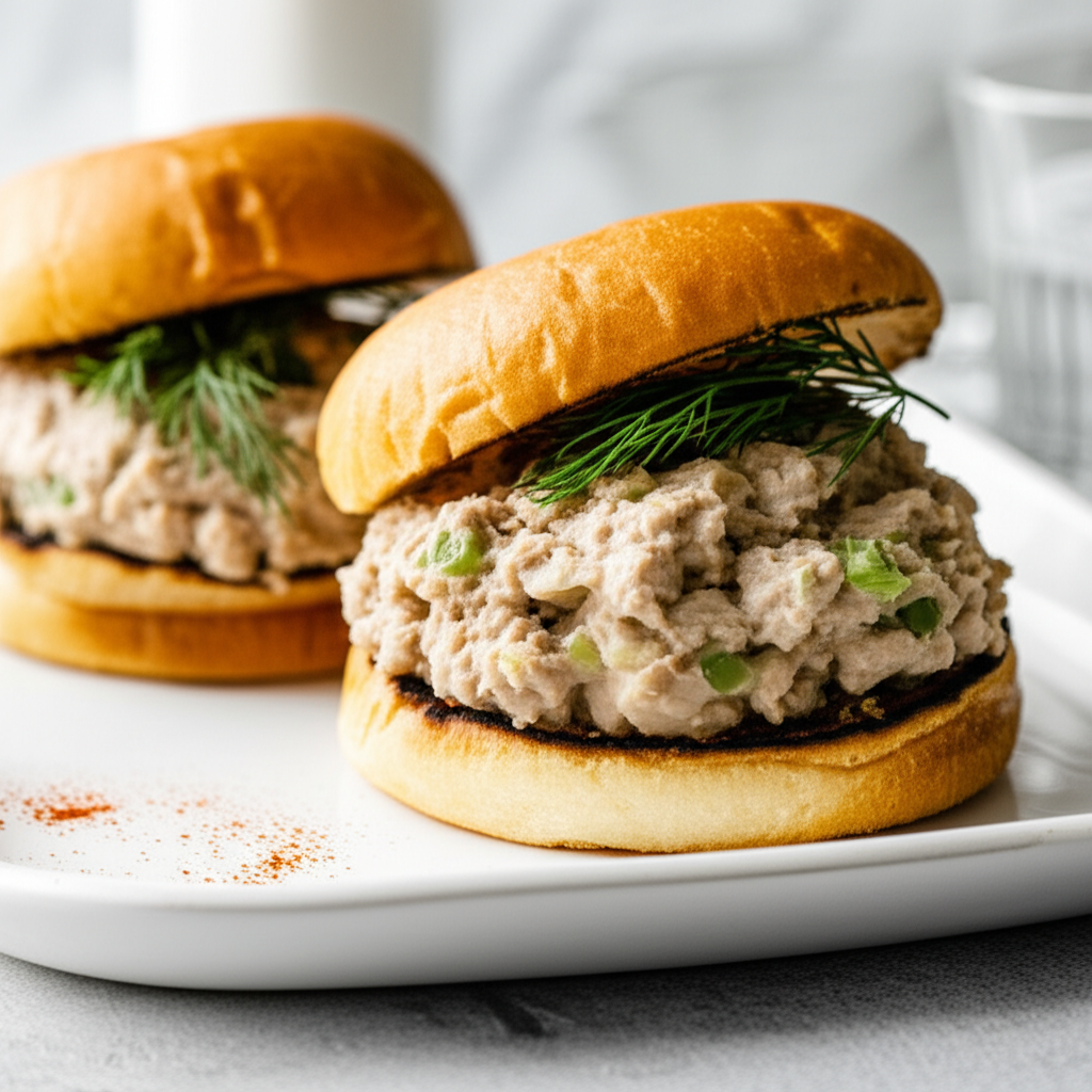 Two tuna salad burgers on toasted buns, garnished with dill, served on a white plate.