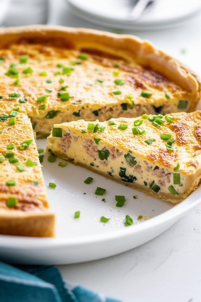 Baked Swiss-Tuna Quiche with golden crust, garnished with fresh chives, served on a white plate.