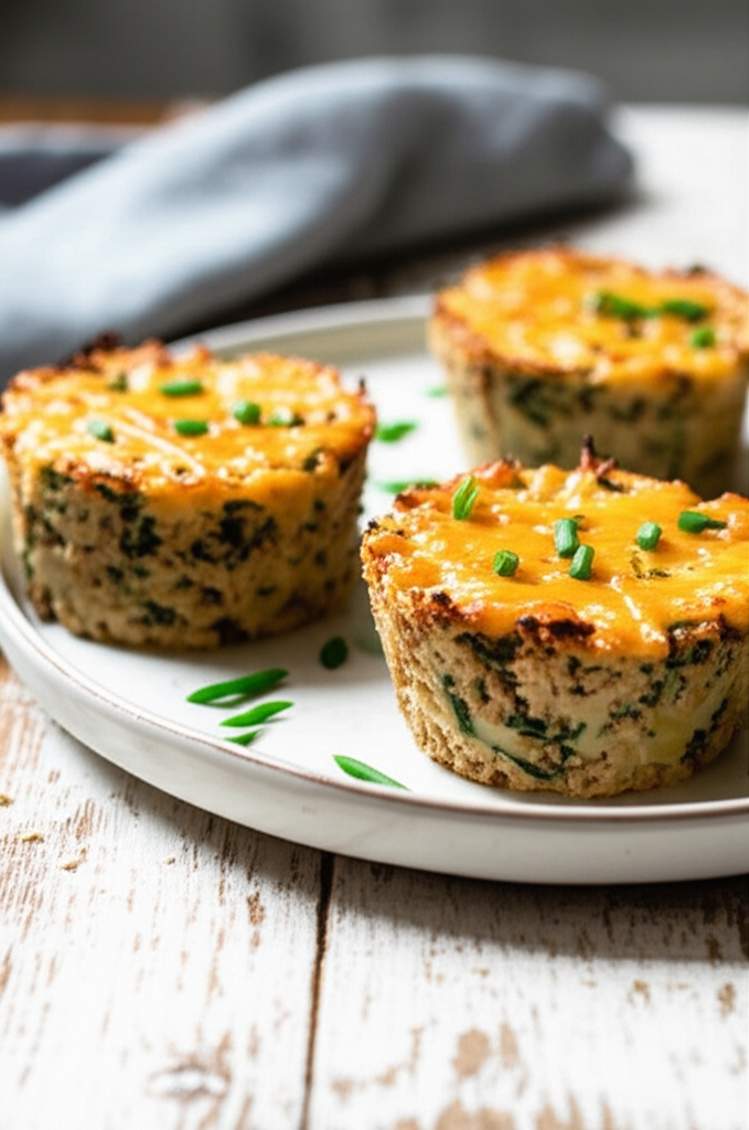 Three mini tuna casseroles with melted cheese, garnished with chives, on a white plate.