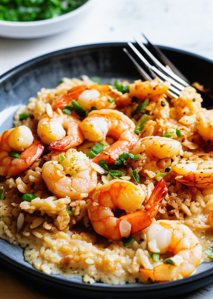 Shrimp casserole on a dark plate, featuring plump, pink shrimp mixed with creamy rice and garnished with green onions.
