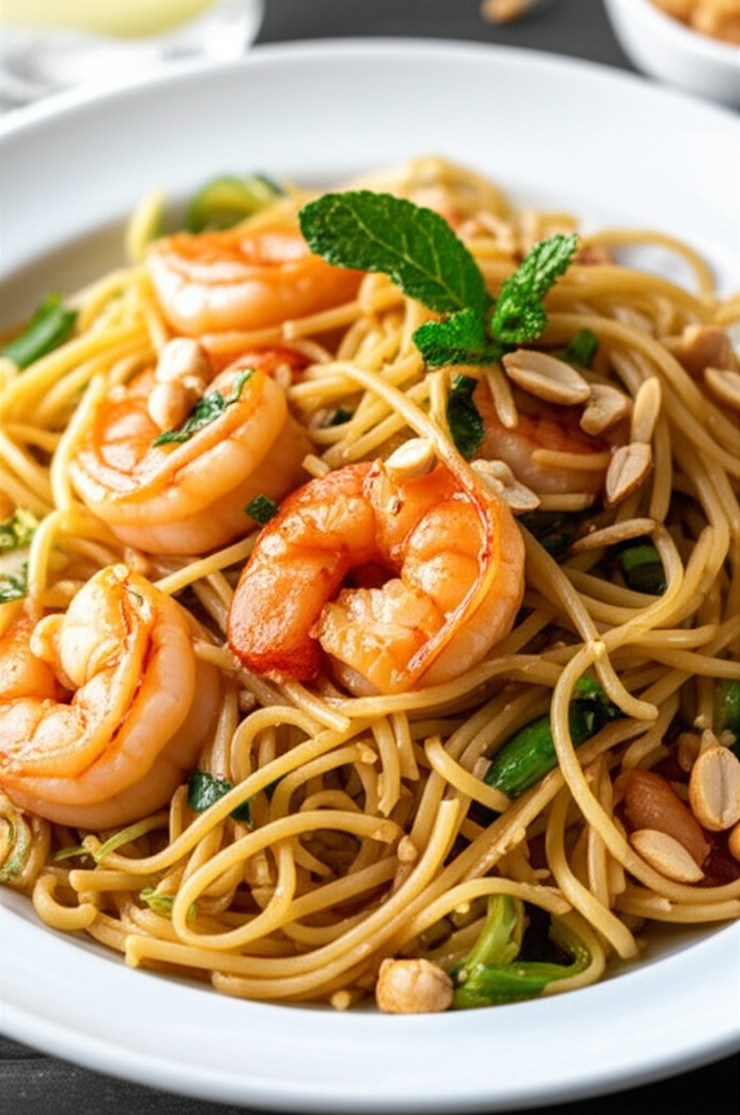 Thai shrimp and pasta on a white plate, garnished with peanuts and mint.