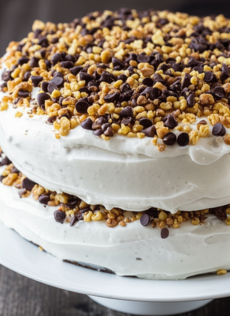 Two-layer cake with white frosting, topped with chocolate chips and crunchy golden nuggets.
