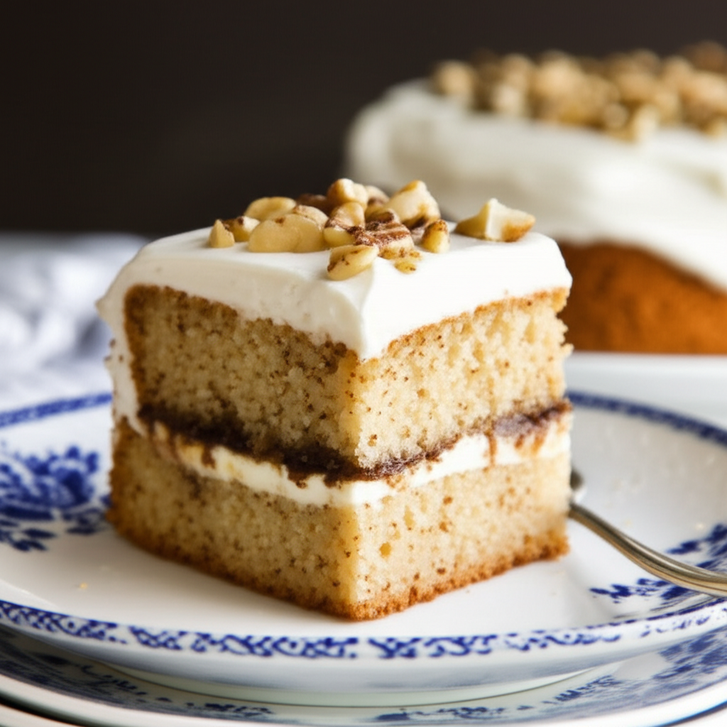 Slice of filled sour cream cake on a blue and white plate, topped with white frosting and chopped nuts.