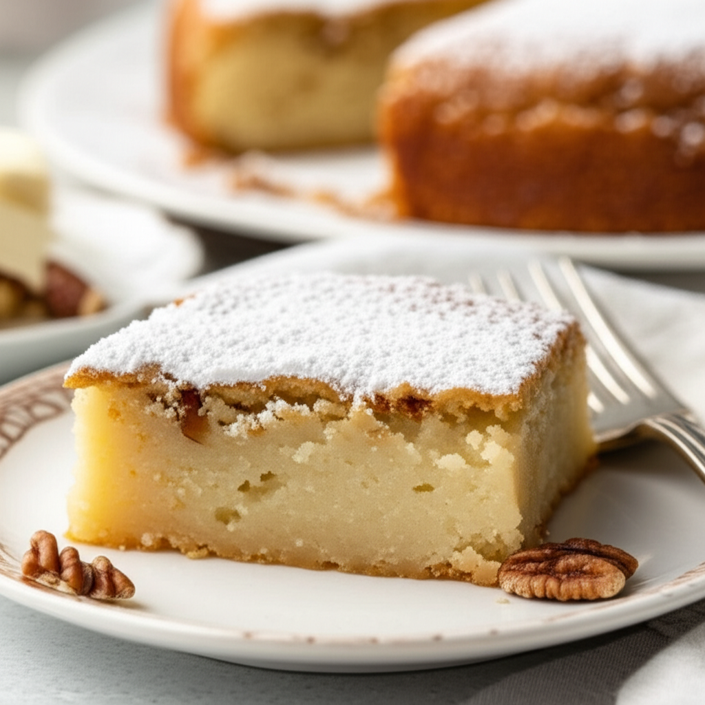 Slice of gooey butter cake dusted with powdered sugar, served on a plate with pecans.