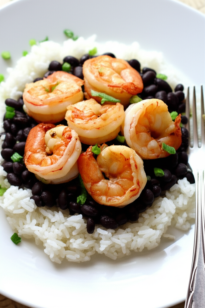 Grilled shrimp over rice and black beans, garnished with green onions on a white plate.