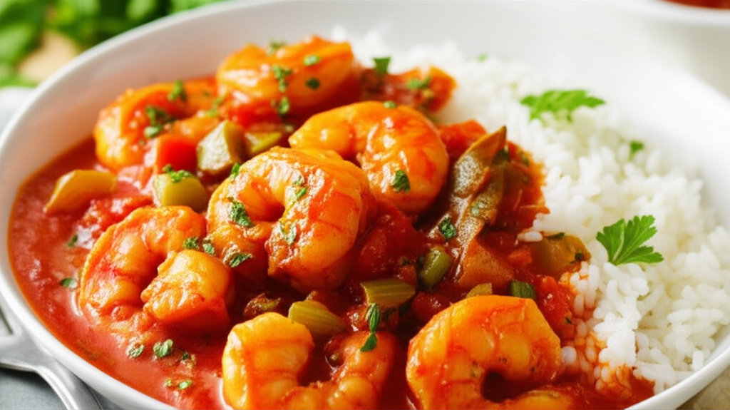 Shrimp Creole in a white bowl with rice. Shrimp in tomato sauce with celery and okra, garnished with parsley.