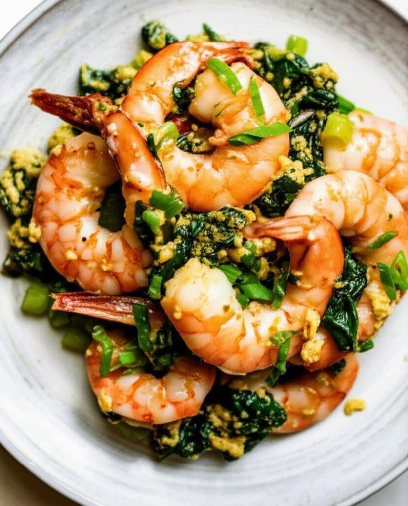 Sautéed shrimp with scrambled eggs and spinach, garnished with sliced green onions on a plate.
