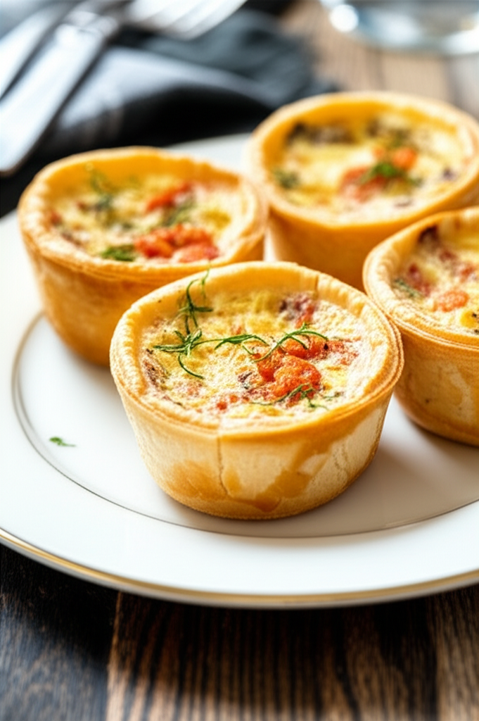 Four golden-crusted mini quiches with lobster and herbs on a white plate.