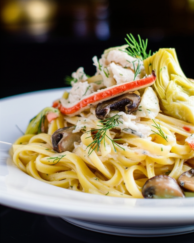 Fettuccine pasta with crab, artichoke hearts, and mushrooms in a creamy sauce, garnished with dill on a white plate.
