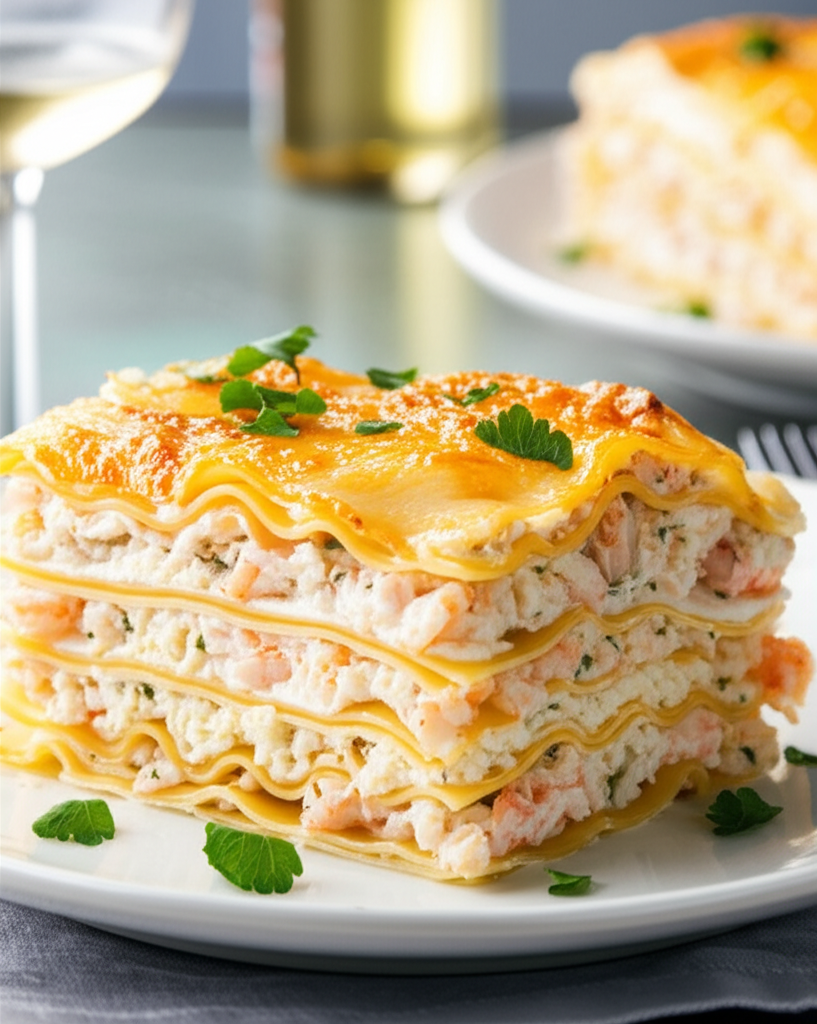 Layered seafood lasagna with creamy filling, topped with melted cheese and parsley, served on a white plate.