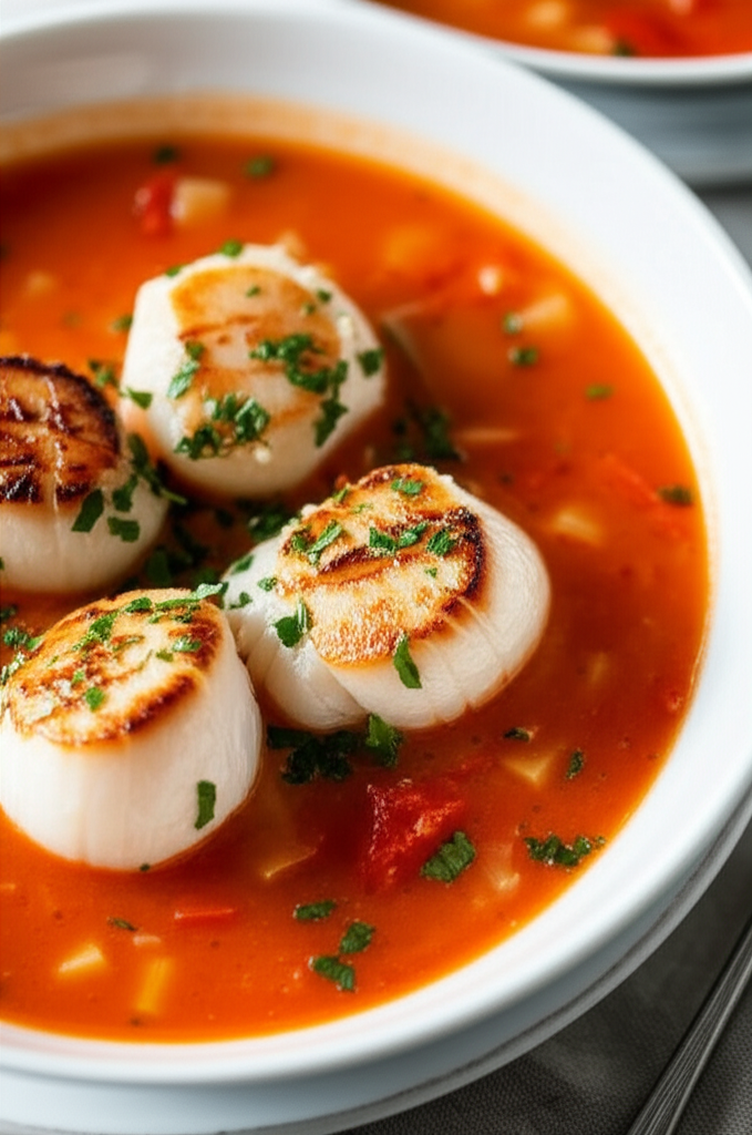 Seared scallops in tomato chowder, garnished with parsley, served in a white bowl.