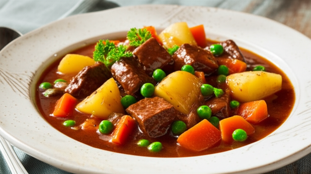 Beef stew in a bowl: tender beef cubes, carrots, potatoes, and peas in rich brown gravy.
