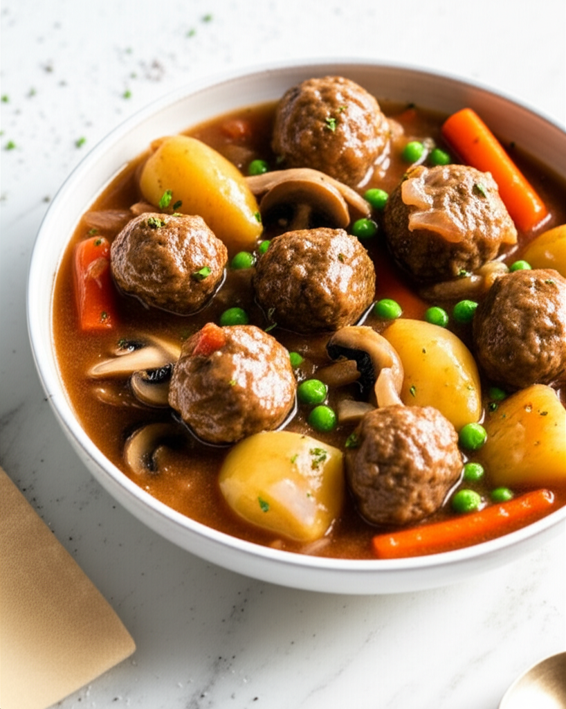 Bowl of stew with meatballs, potatoes, carrots, mushrooms, and peas in a rich brown broth.