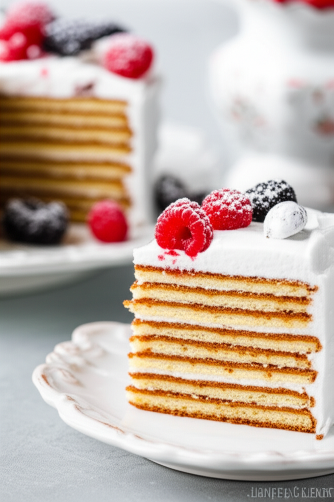 Slice of layered cake with white frosting, topped with raspberries and blackberries, served on a white plate.