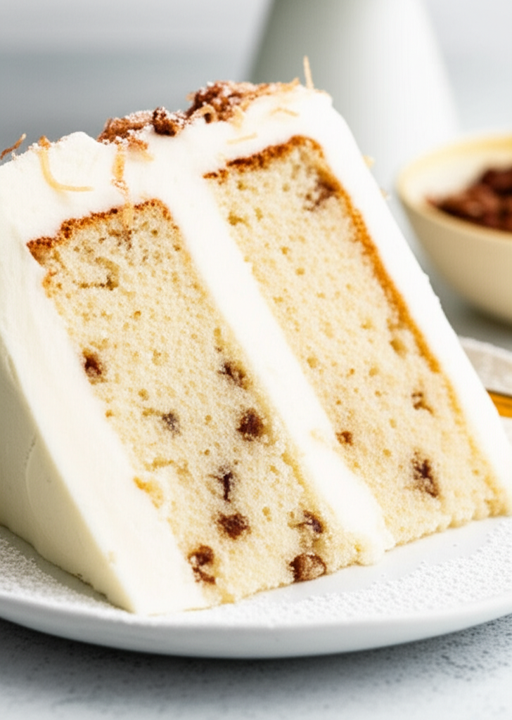 Slice of Italian Cream Cake: layered cake with white frosting, pecans, and toasted coconut.