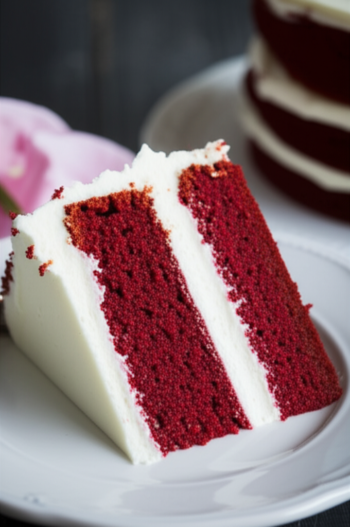 Slice of red velvet cake with white frosting on a white plate.