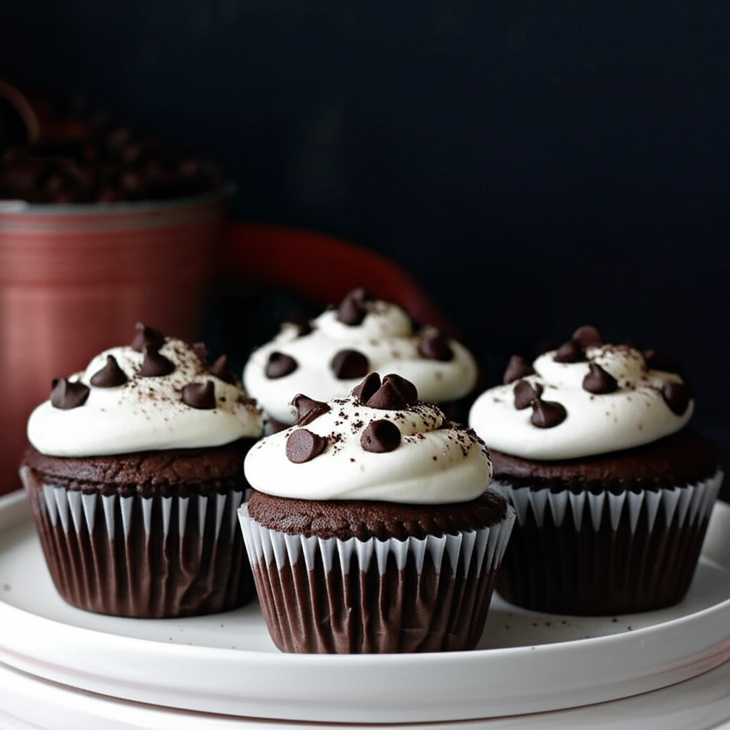 Chocolate cupcakes in white liners, topped with cream cheese frosting and chocolate chips, on a white plate.