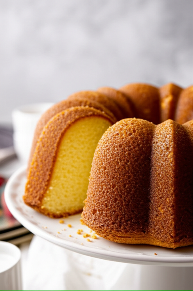 Bundt pound cake with golden-brown crust and a slice cut, revealing a soft, yellow interior, on a white cake stand.