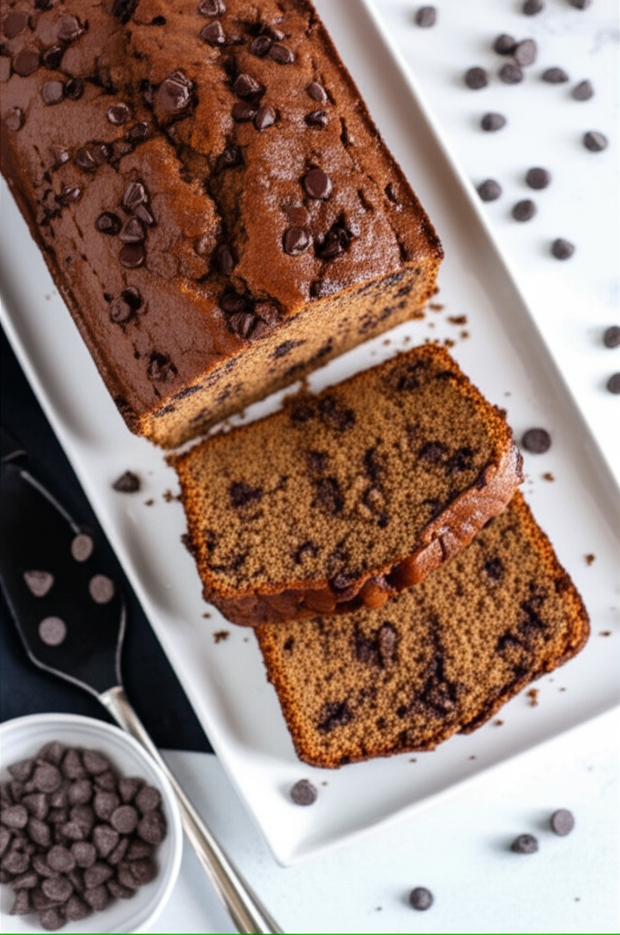 Sliced chocolate chip pound cake on a white platter, with loose chocolate chips.