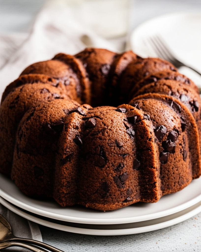 Chocolate chip pound cake, baked in a bundt pan, on a white plate.