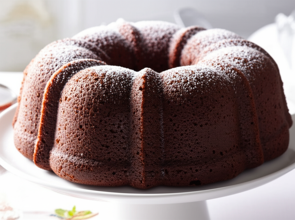 Chocolate bundt cake dusted with powdered sugar on a white cake stand.