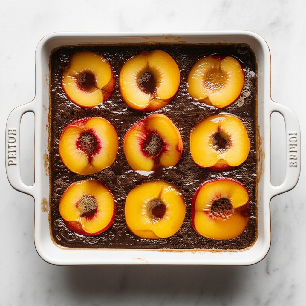 Peach halves arranged in a baking dish with dark gingerbread batter.