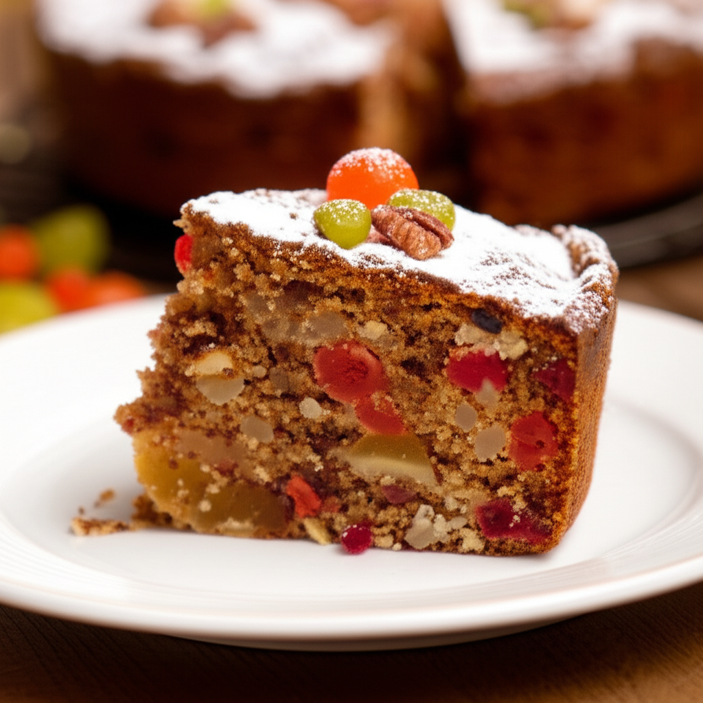 Slice of fruitcake on a white plate, dusted with powdered sugar and topped with candied fruit and nuts.