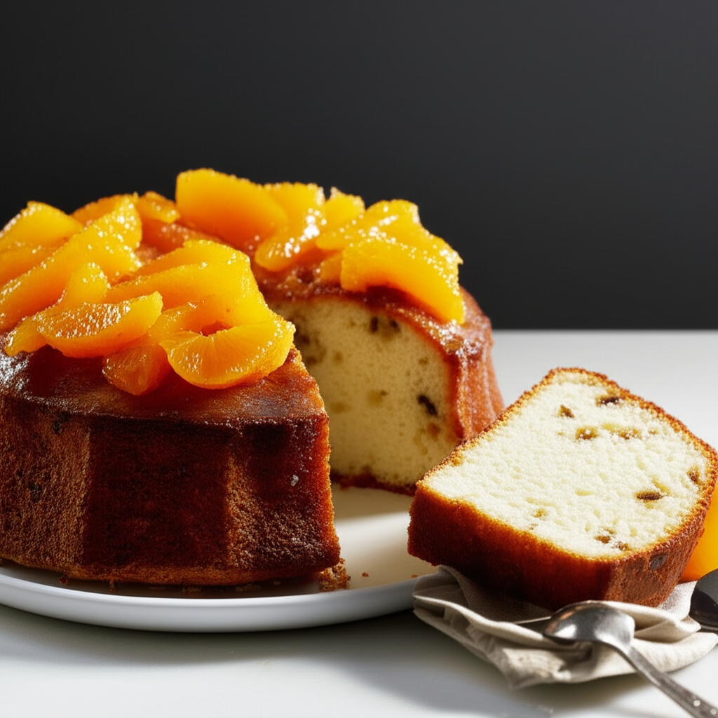 Orange fruit cake with a slice cut, topped with glazed orange segments.