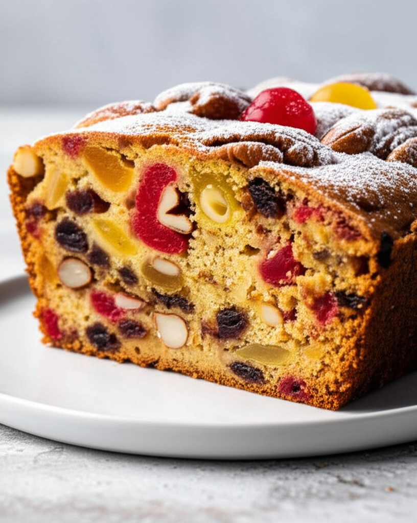 Slice of light fruitcake on a white plate, dusted with powdered sugar, topped with nuts and candied fruit.