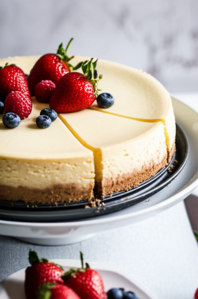 Sliced cheesecake with graham cracker crust, topped with fresh strawberries and blueberries.