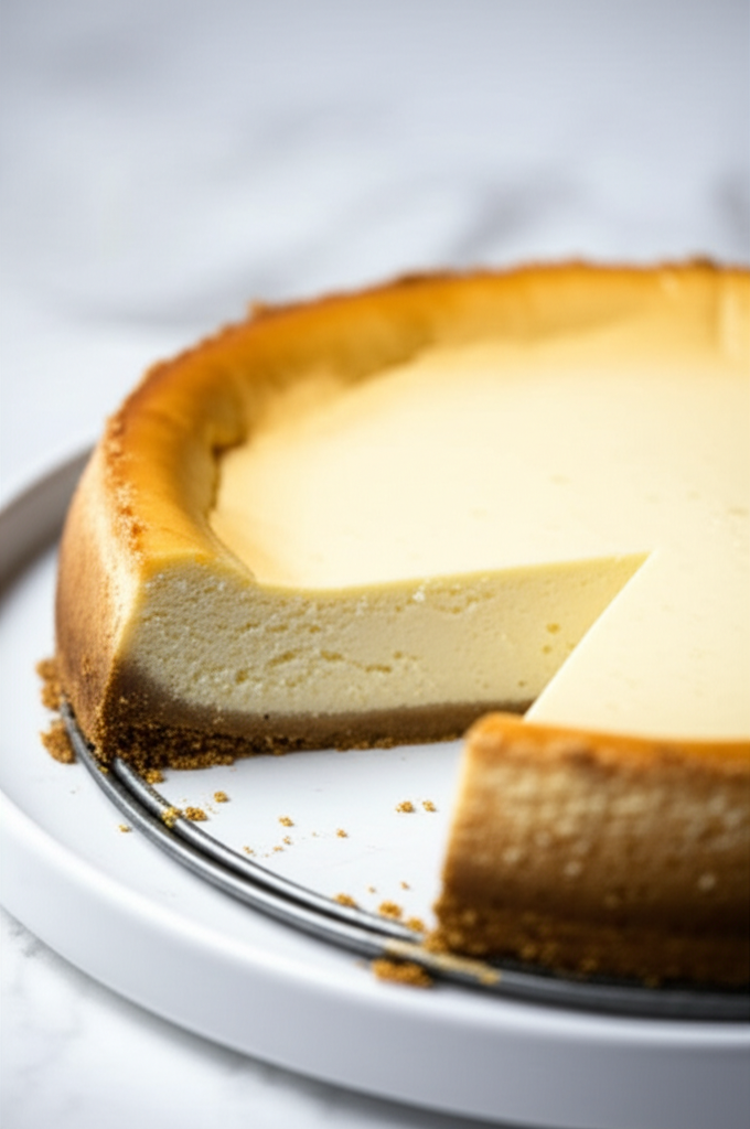 Baked cheesecake with golden crust, slice removed, on a white plate.