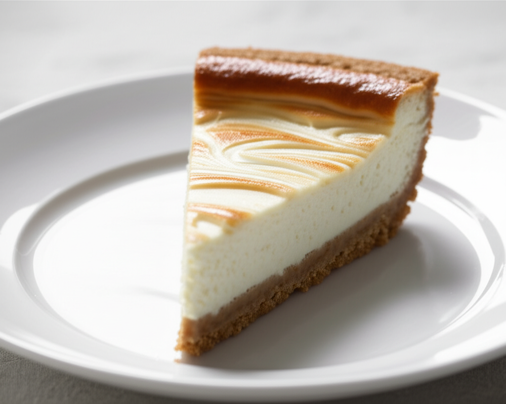 Slice of cheesecake with graham cracker crust and caramel swirl on a white plate.
