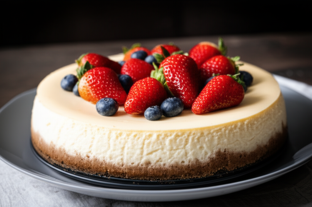 Round cheesecake with graham cracker crust, topped with fresh strawberries and blueberries on a gray plate.