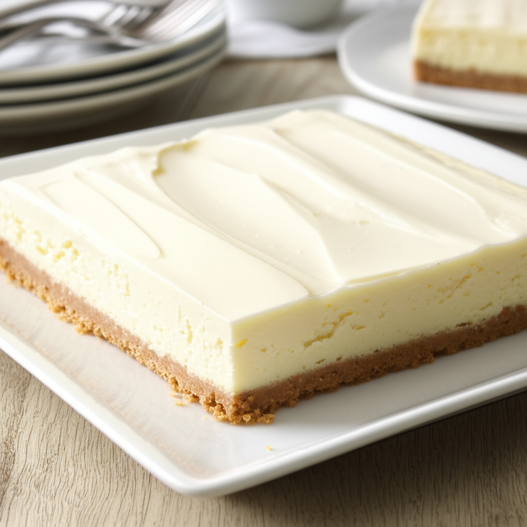 Square cheesecake bar with smooth, creamy white topping and graham cracker crust on a white plate.