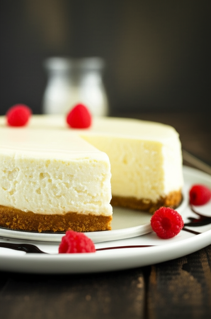 Sliced sour cream cheesecake with graham cracker crust, topped with fresh raspberries and chocolate drizzle on a white plate.