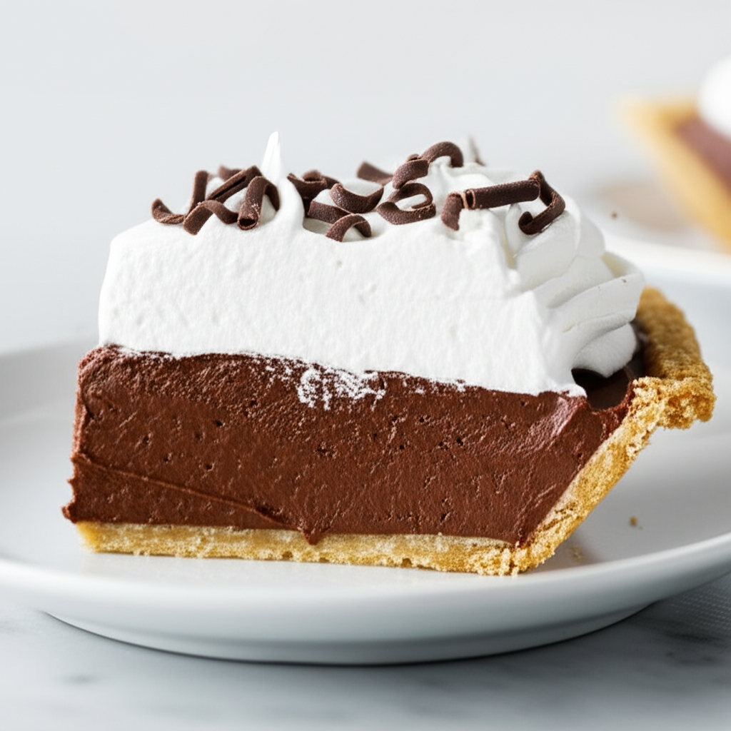 Slice of German sweet chocolate pie with whipped cream and chocolate curls on a white plate.