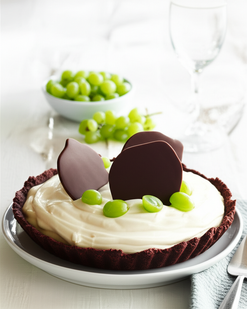Cream pie in chocolate crust, topped with green grapes and chocolate leaves.