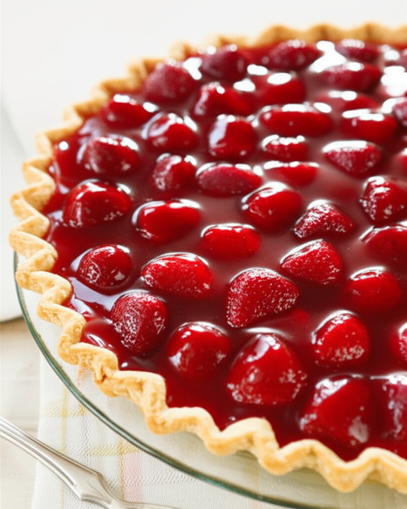 Glazed strawberry pie with a golden, fluted crust, filled with bright red strawberries in a clear, shiny glaze.
